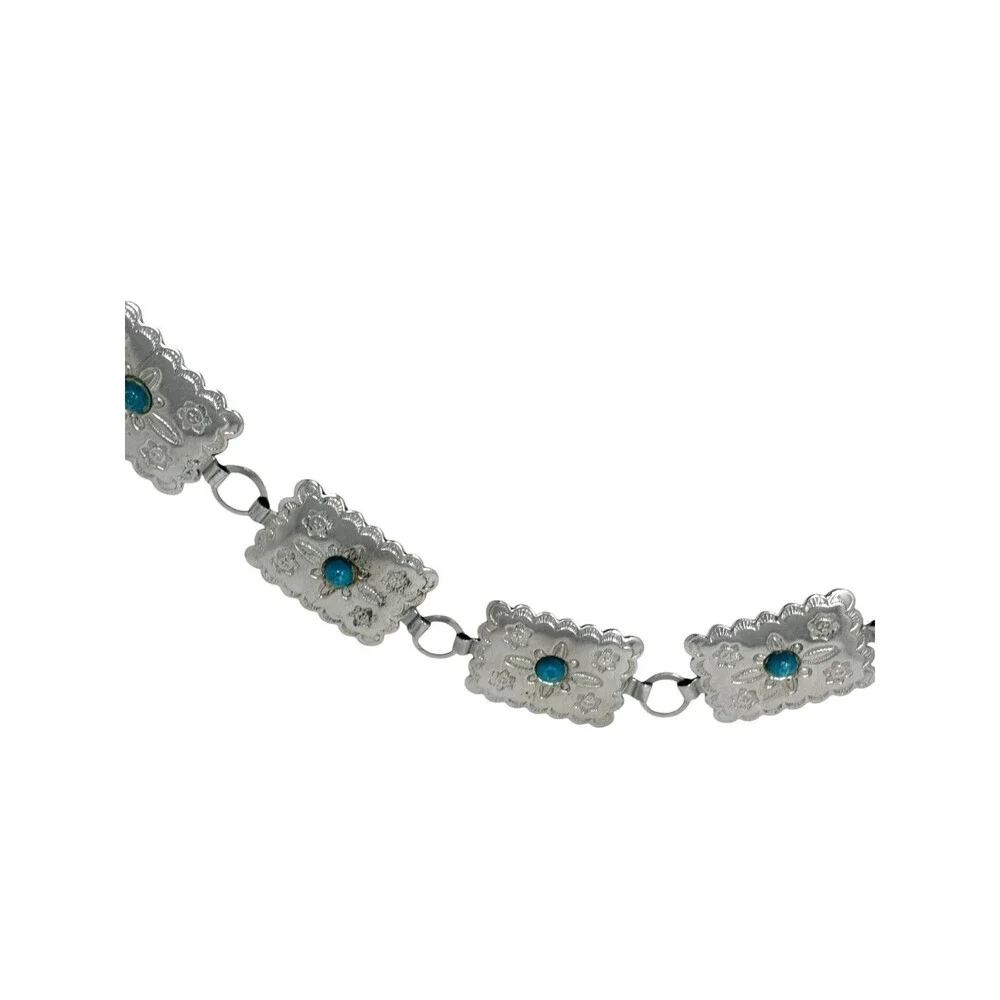 Western Concho Belt Silver Turquoise Leather Tie Boho Cowgirl Stamped Floral